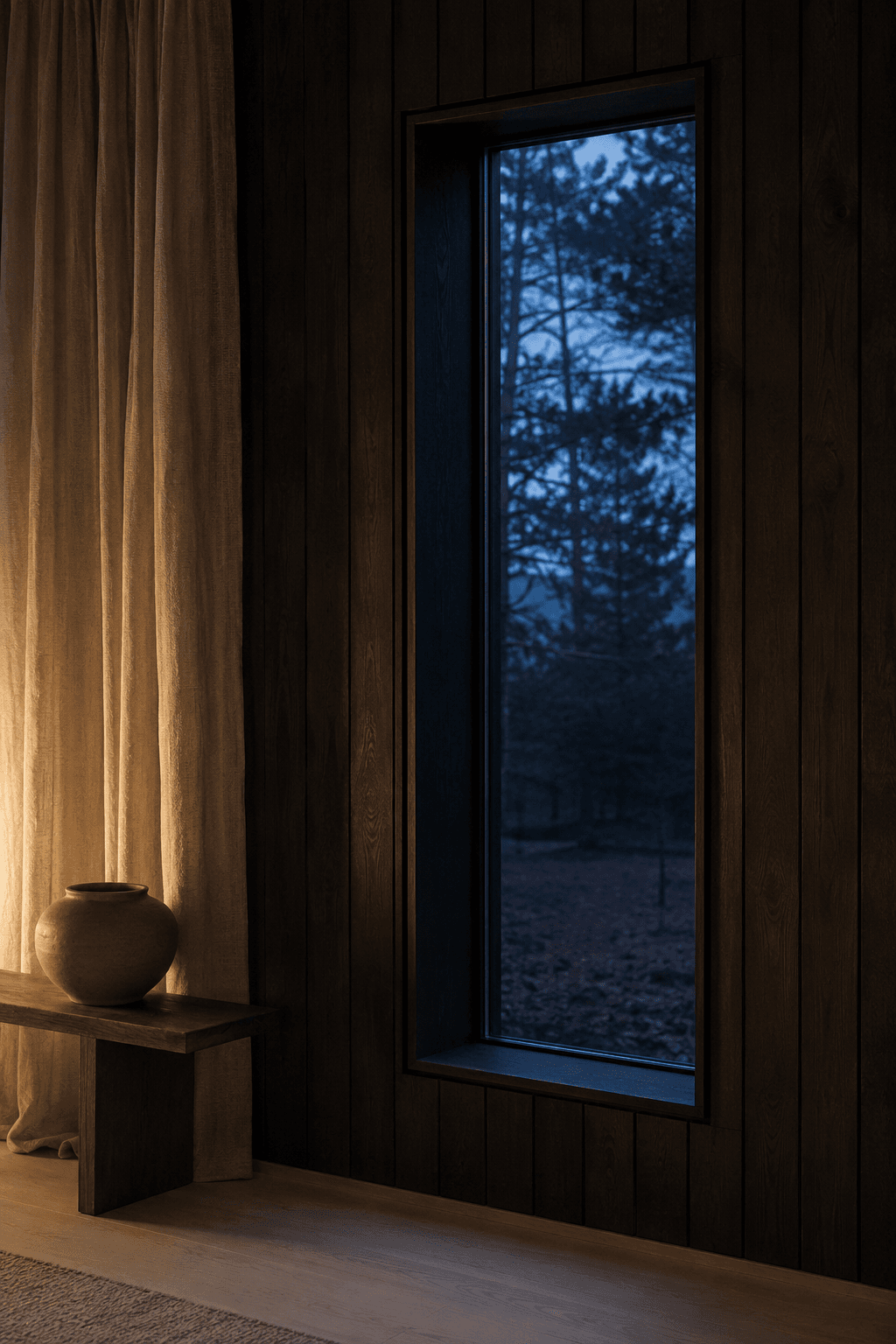 Architectural interior detail — dark timber wall, warm lamp light, linen, the suggestion of pines outside.